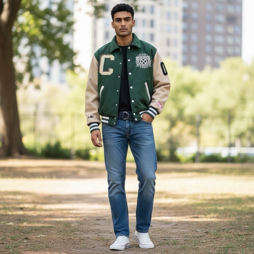 MARVEL X-MEN Varsity Letterman Jacket Green Adult Size S Xavier Institute RARE